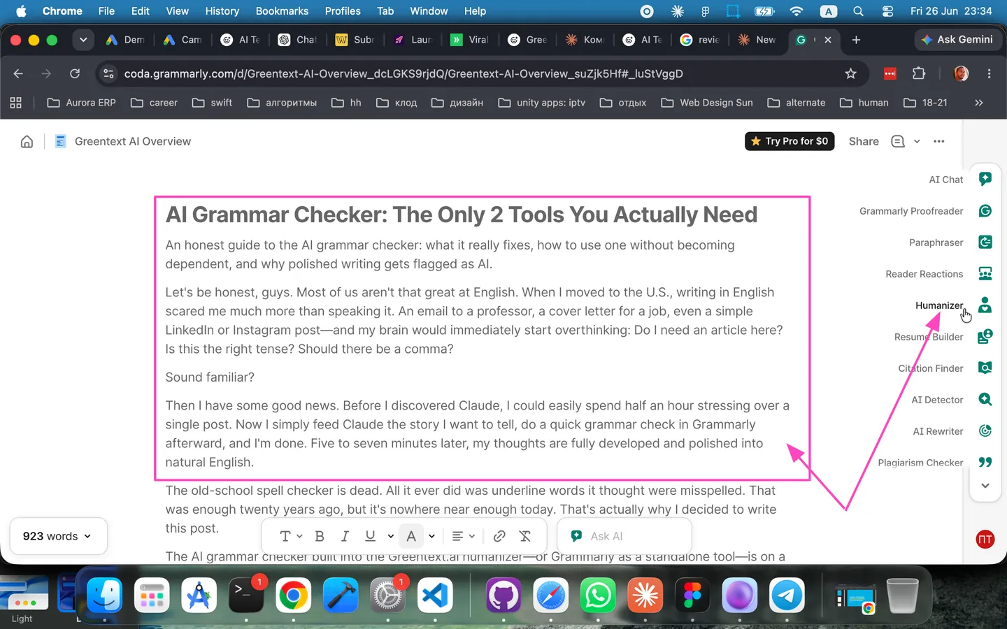 Escribiendo este mismo post en Grammarly — el corrector y el Humanizer viven en una sola barra lateral.